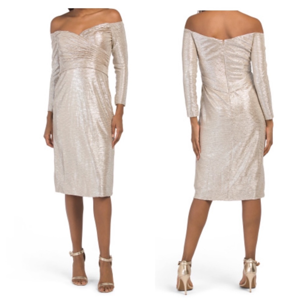 Rene Ruiz Draped Metallic Cocktail Dress Champagne Size 12 Mother of the Bride